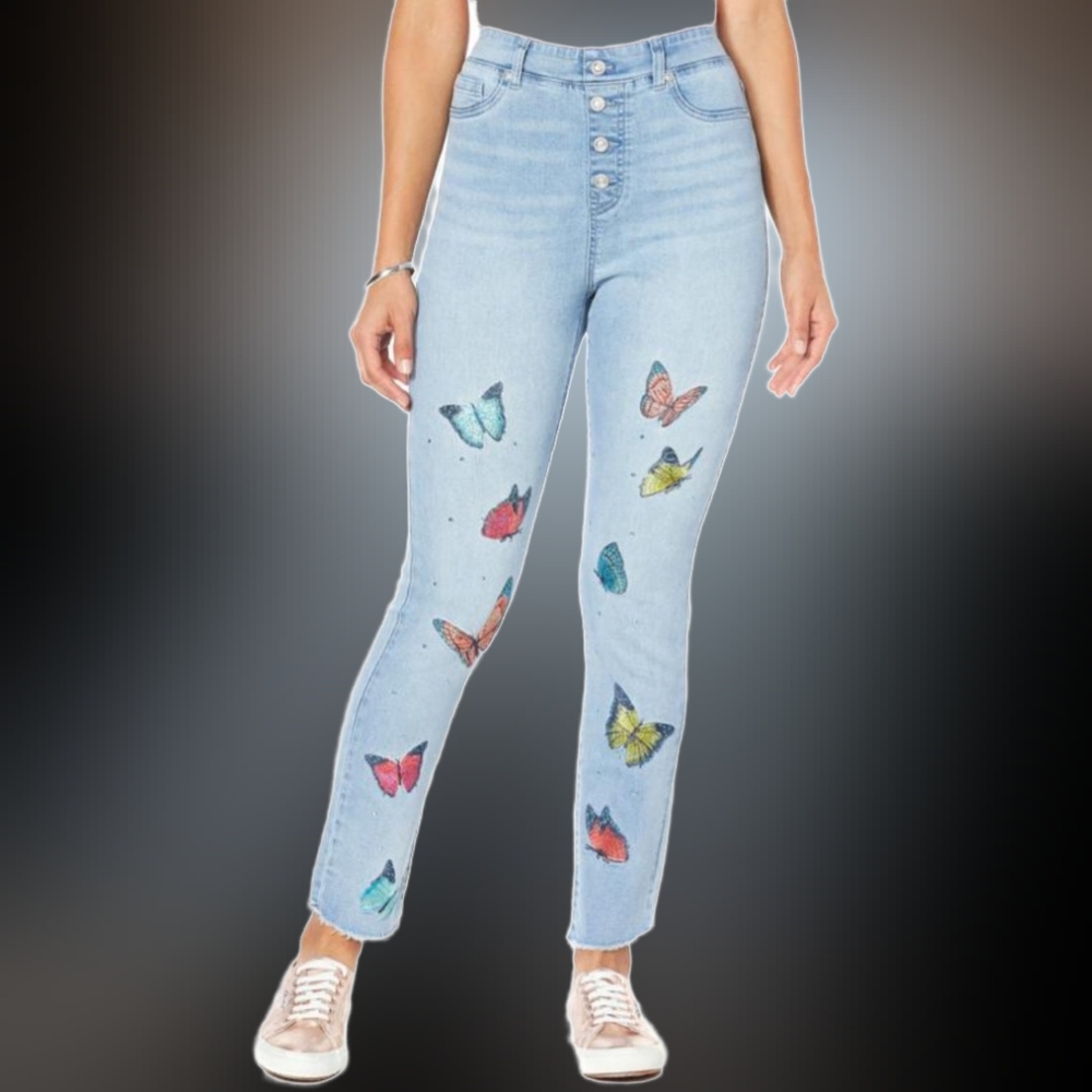DG2 Diane Gilman Women's Light Blue Butterfly Print Jeans Plus Size Pull On 2X